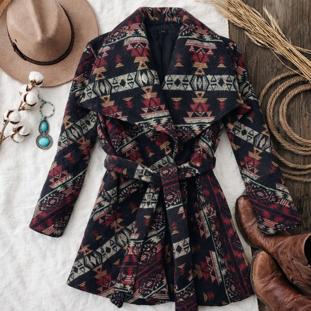 Quinn Open Front Belted Aztec Western Black Maroon Jacket. Ladies Size Small